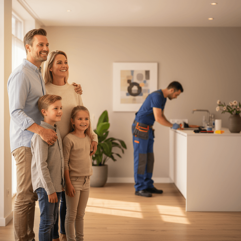 Tevreden familie in een modern huis met loodgieter op de achtergrond